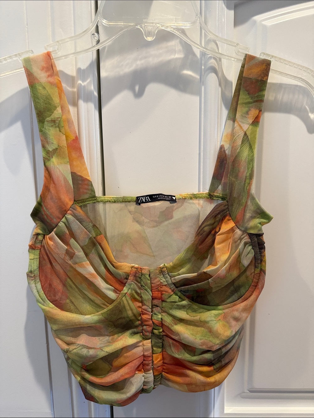 Zara Green Orange Multi-Color Ruched Crop Tank Top